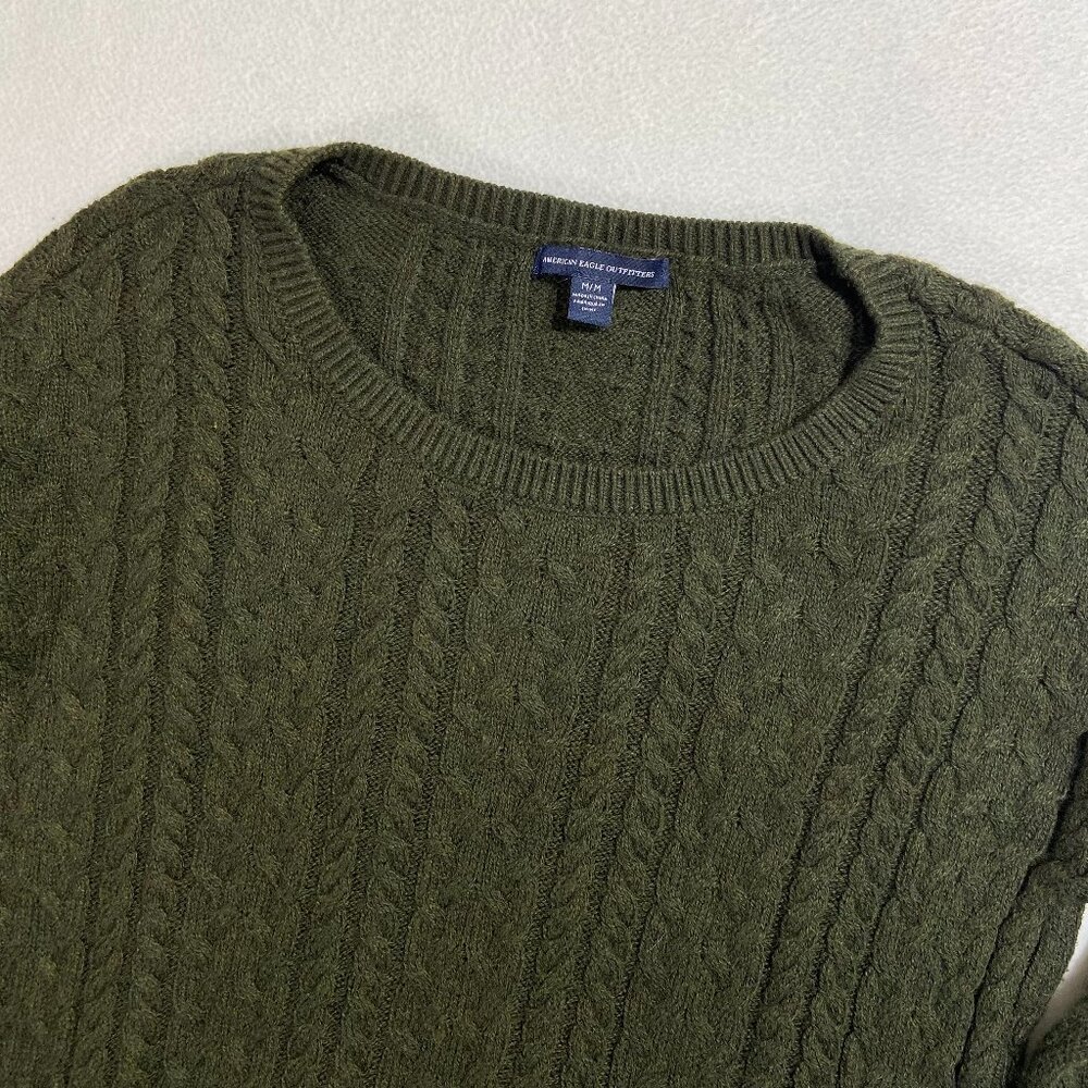 American Eagle Cable Knit Sweater Womens Medium Green side zipper wool blend